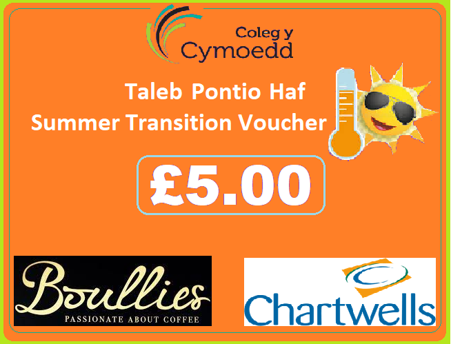 Anyone that takes part in one of the transition activities will be entitled to a £5.00 lunch voucher to be used on Campus. 
Also, remember you can also have transport costs reimbursed!
Just ask at reception when you collect your voucher! 👍
ALL Coleg Y Cymoedd learners Welcome :)