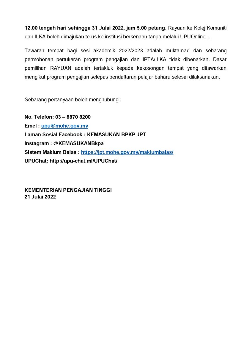 MOHEOfficial's tweet photo. [KENYATAAN MEDIA] 
KEPUTUSAN PERMOHONAN BAGI KEMASUKAN KE UNIVERSITI AWAM (UA), POLITEKNIK, KOLEJ KOMUNITI (KK) DAN INSTITUSI LATIHAN KEMAHIRAN AWAM (ILKA) SESI AKADEMIK 2022/2023 BAGI PROGRAM PENGAJIAN LEPASAN SPM https://t.co/w1IrLFYmPl