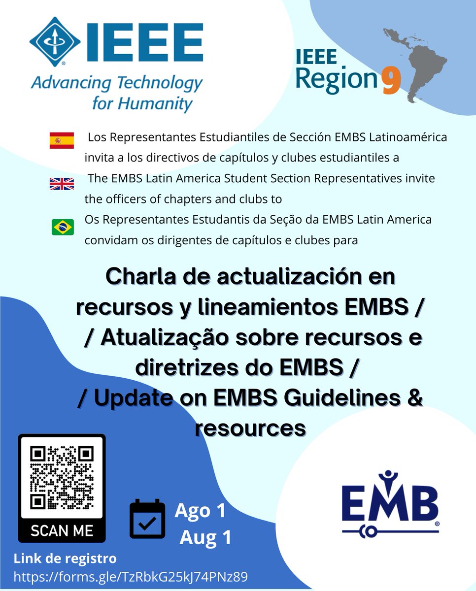 IEEEembs's tweet photo. 📢 Invitation to all Student Chapters and Clubs in Latin America // Invitación a todos los Capítulos y Clubes Estudiantiles // Convite para Capítulos e Clubes Estudantis
👉 https://t.co/jKhsWeiUCw
#EMBSStudents #EMBSLatinamerica https://t.co/9iFSE5wSq4