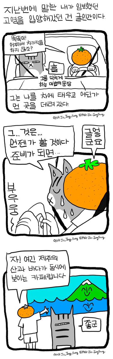 나와 귤인간과 바다와 산이 보이는 카페 #뚝뚝만화데일리 