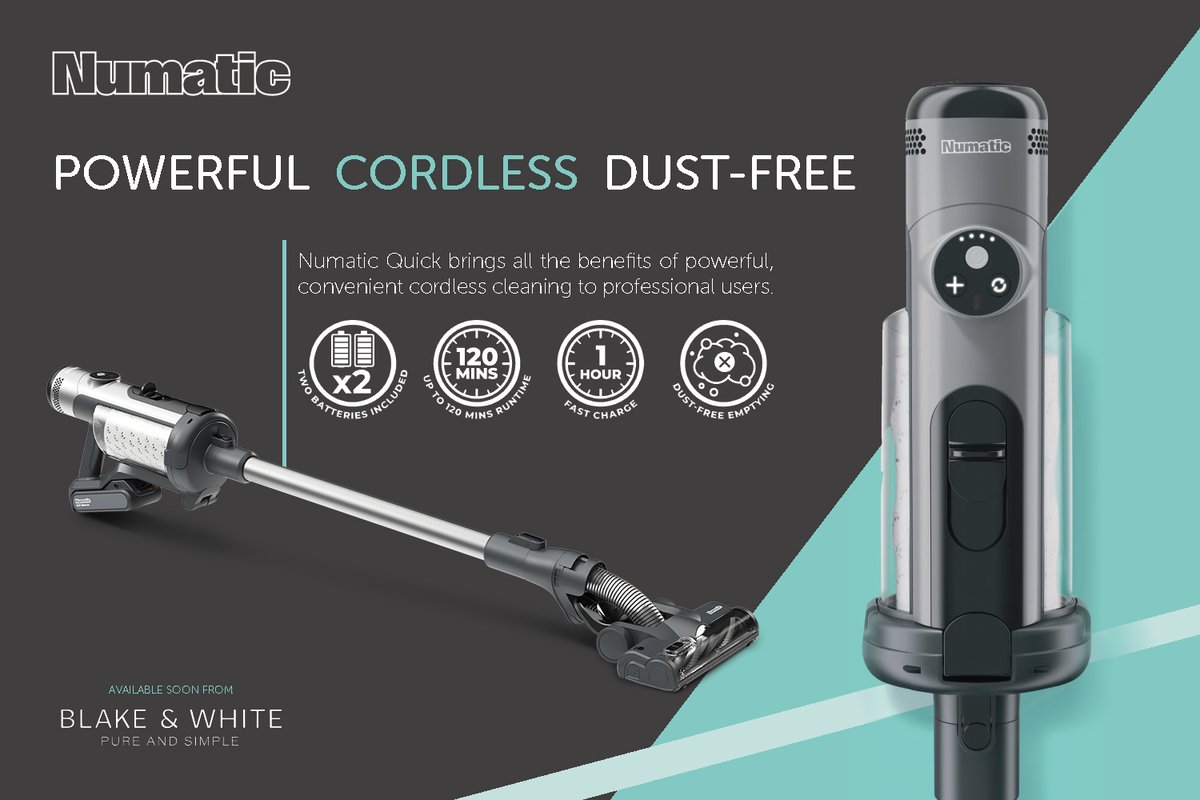 BlakeandWhiteUK's tweet photo. The #Numatic Quick is a small, handy #StickVac that compacts dust in a high-efficiency filter pod system giving a larger capacity and hygienic, dust-free emptying. All the benefits of powerful cordless cleaning with no dust, mess or fuss!
Available to order from us soon! https://t.co/VvhvbOfmWC