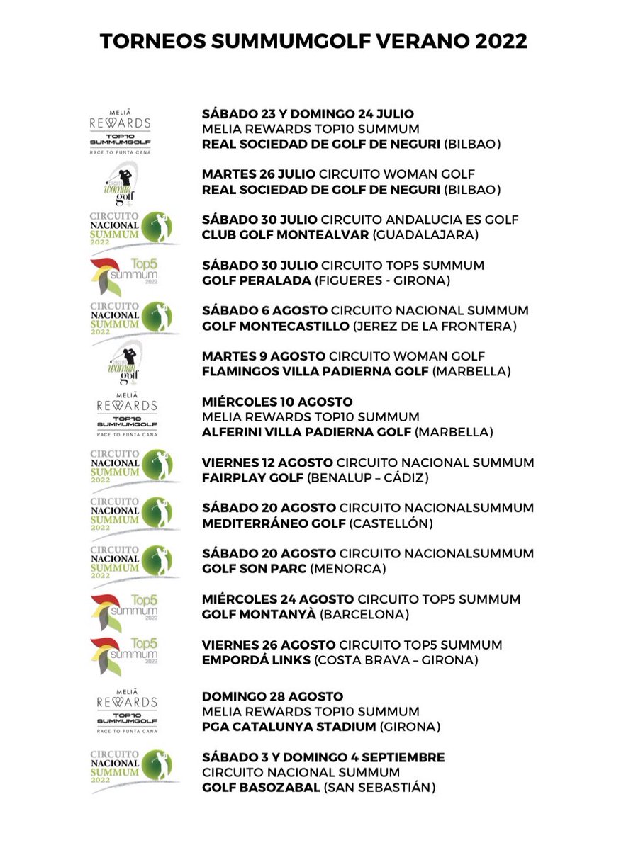 Summum Golf (@summumgolf) on Twitter photo ¿Te apetece jugar algún torneo summum este verano? TIenes muchas opciones.. 💃🔝⛳️🏌️♀️🇪🇸💚
<a href="/Mitsubishi_ES/">Mitsubishi Motors</a> <a href="/Melia_Rewards/">MeliáRewards</a> <a href="/FalconeriTweet/">Falconeri</a> <a href="/MeliaHotelsInt/">Meliá Hotels International</a> @WilsonGolfSpain
<a href="/Perelada/">Perelada</a> <a href="/subaru_es/">Subaru España</a> <a href="/DepiqueGolf/">Depique Golf</a> <a href="/therabody/">Therabody</a> <a href="/BangOlufsen/">Bang & Olufsen</a> <a href="/VermutZecchini/">Vermut Zecchini</a> <a href="/AmericanExpress/">American Express</a> <a href="/SkechersSpain/">Skechers Spain</a> ¿Te apetece jugar algún torneo summum este verano? TIenes muchas opciones.. 💃🔝⛳️🏌️♀️🇪🇸💚
<a href="/Mitsubishi_ES/">Mitsubishi Motors</a> <a href="/Melia_Rewards/">MeliáRewards</a> <a href="/FalconeriTweet/">Falconeri</a> <a href="/MeliaHotelsInt/">Meliá Hotels International</a> @WilsonGolfSpain
<a href="/Perelada/">Perelada</a> <a href="/subaru_es/">Subaru España</a> <a href="/DepiqueGolf/">Depique Golf</a> <a href="/therabody/">Therabody</a> <a href="/BangOlufsen/">Bang & Olufsen</a> <a href="/VermutZecchini/">Vermut Zecchini</a> <a href="/AmericanExpress/">American Express</a> <a href="/SkechersSpain/">Skechers Spain</a>