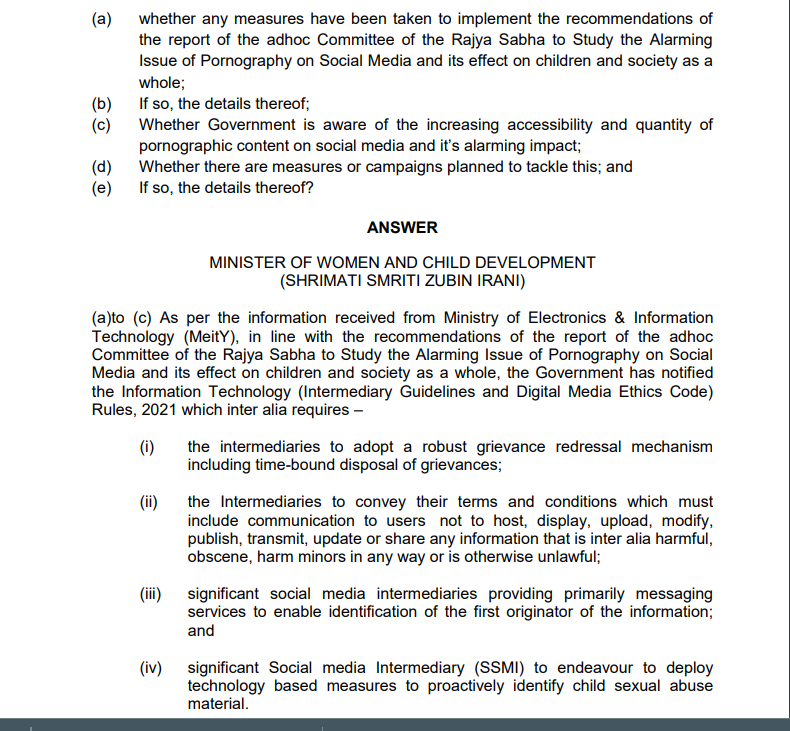 barandbench's tweet photo. #ParliamentMonsoonSession Information Technology (Intermediary Guidelines and Digital Media Ethics Code) Rules, 2021 requires the #SSMI to adopt measures restricting the accessibility of pornographic content for children. https://t.co/1UAKVOJcEz