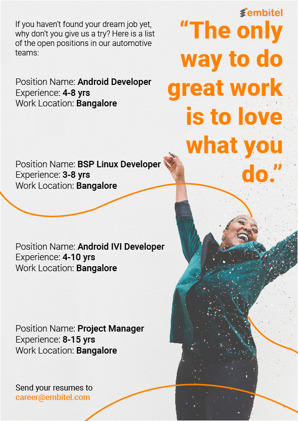 Career opportunities you wouldn't want to miss out on! <a href="/Embitel/">Embitel Technologies</a> has exciting job openings including #Andorid developers, #Linux developers, project managers and Android infotainment developers. Send in your resumes now to 📩career@embitel.com