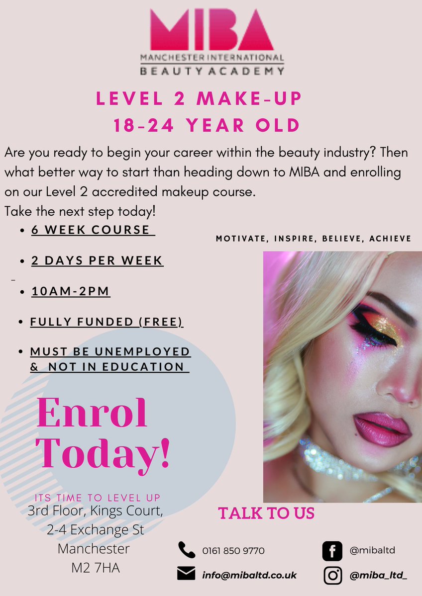 6 week Nail and Make-up courses for 18-24 yr olds available &amp; starting soon from @MIBA_LTD  <a href="/COSG_UK/">Community on Solid Ground</a> <a href="/GlobalVision_UK/">Global Vision</a> <a href="/APTUS_LP/">Davine Forde</a> <a href="/AtihaChaudry/">atiha chaudry</a> <a href="/mrsn/">Margaret Nugent</a> <a href="/waiyincws/">Wai Yin Society</a> <a href="/Young_MCR/">Young Manchester</a>