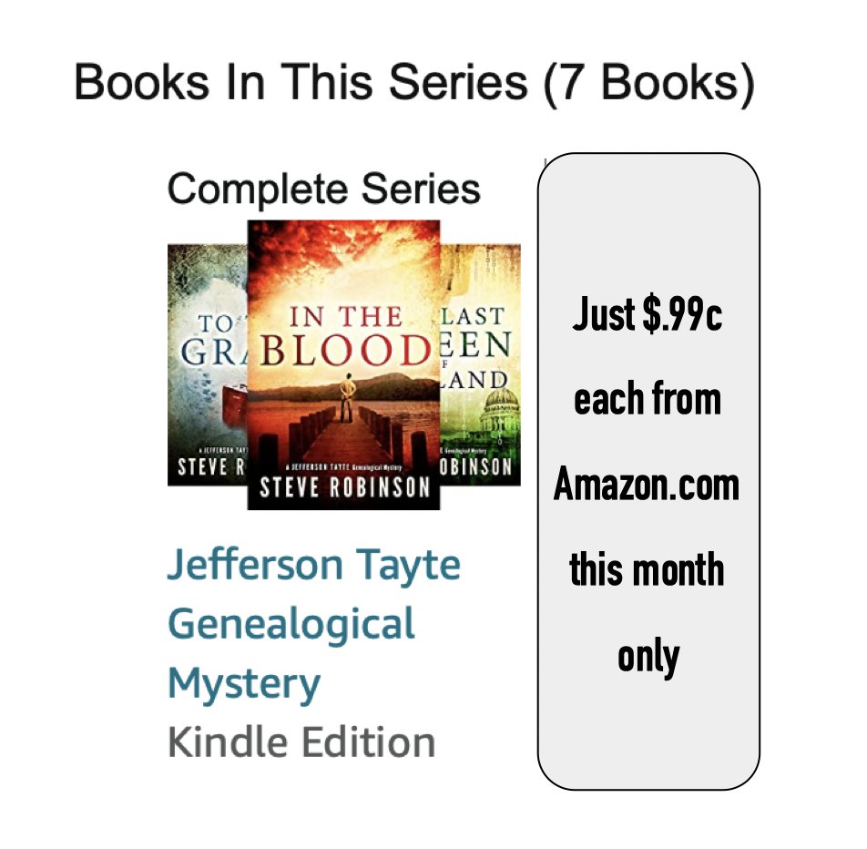 In case you've missed any, or know anyone you think might like to try this series, my Jefferson Tayte genealogical mysteries are on sale for #Kindle in the US for just $.99c each at the moment.
hyperurl.co/SteveRobinson
#genealogy #familyhistory #CrimeFiction #kindlebooks