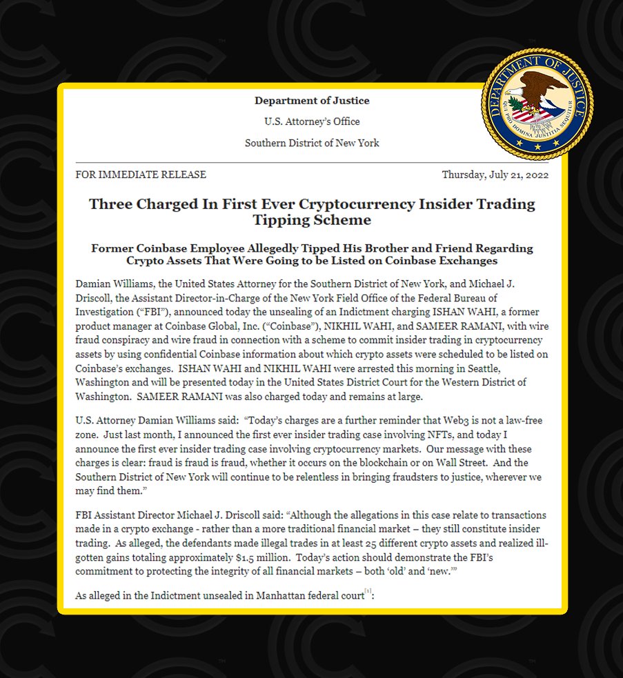 BREAKING: Former Coinbase Product Manager Ishan Wahi has been arrested for his alleged role in an insider trading scheme