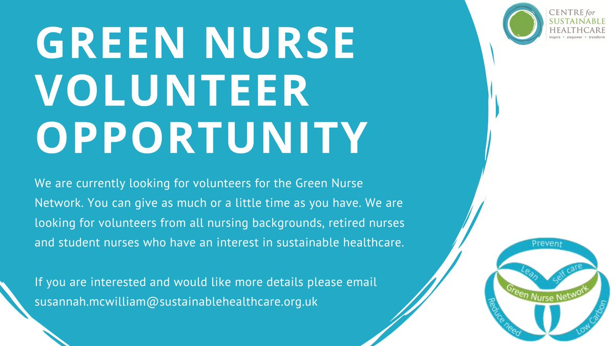greennurse's tweet photo. 📢Calling all Green Nurses! We're currently looking for volunteers. If you are interested &amp; would like more information please email CSH Network Lead susannah.mcwilliam@sustainablehealthcare.org.uk
@theRCN @RCNStudents @WeNurses @WeStudentNurse @RNClimateChal @nurses_drawdown https://t.co/qgmNSalsLS