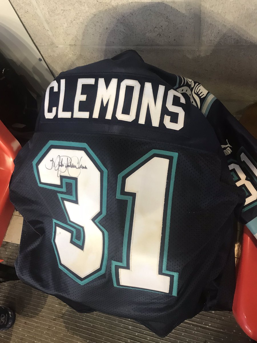 sjgardin's tweet photo. @PinballFdn @TorontoArgos Mine that has Pinball’s signature on it. A bit worse for wear from years of use, but still love the Silver and Teal era logo and jersey! #PullTogether #ThrowbackThursday #PinballClemons https://t.co/WCooobPTcn