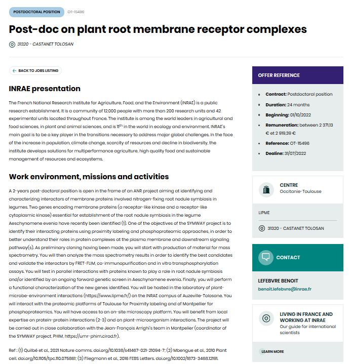[#Postdoc offer] A research PostDoc position is available on  #LIPME_EFIS group, to work on plant root membrane receptor complexes, with #BenoitLefebvre

▶️Skills in membrane protein biochemistry & molecular biololgy are expected

📢Apply before July 31
🔗jobs.inrae.fr/ot-15495