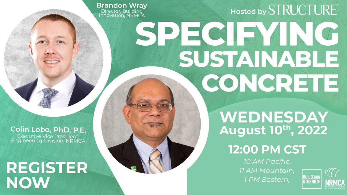 nrmca's tweet image. Register today for &quot;Specifying Sustainable Concrete&quot;:  bit.ly/3OksXTn a free webinar hosted by @STRUCTUREmag. 

@BuildStrength #concrete #sustainability #mixdesign #carbonfootprint #construction #education #webinar