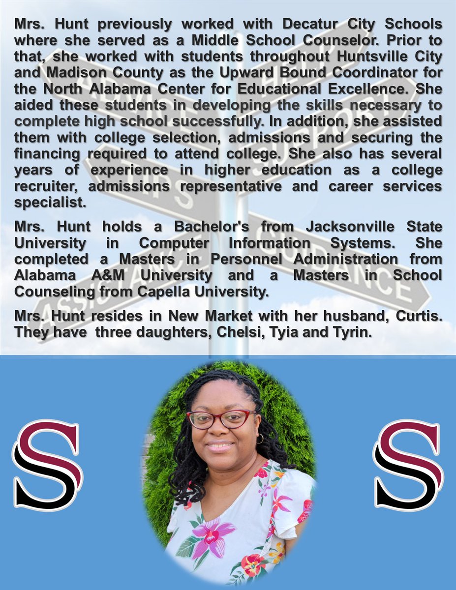 S9GS's tweet image. Please welcome our newest counselor, Mrs. Tina Hunt, to Sparkman 9th Grade. She is a welcome addition to our counseling department! #ReadySetForwardMCSS