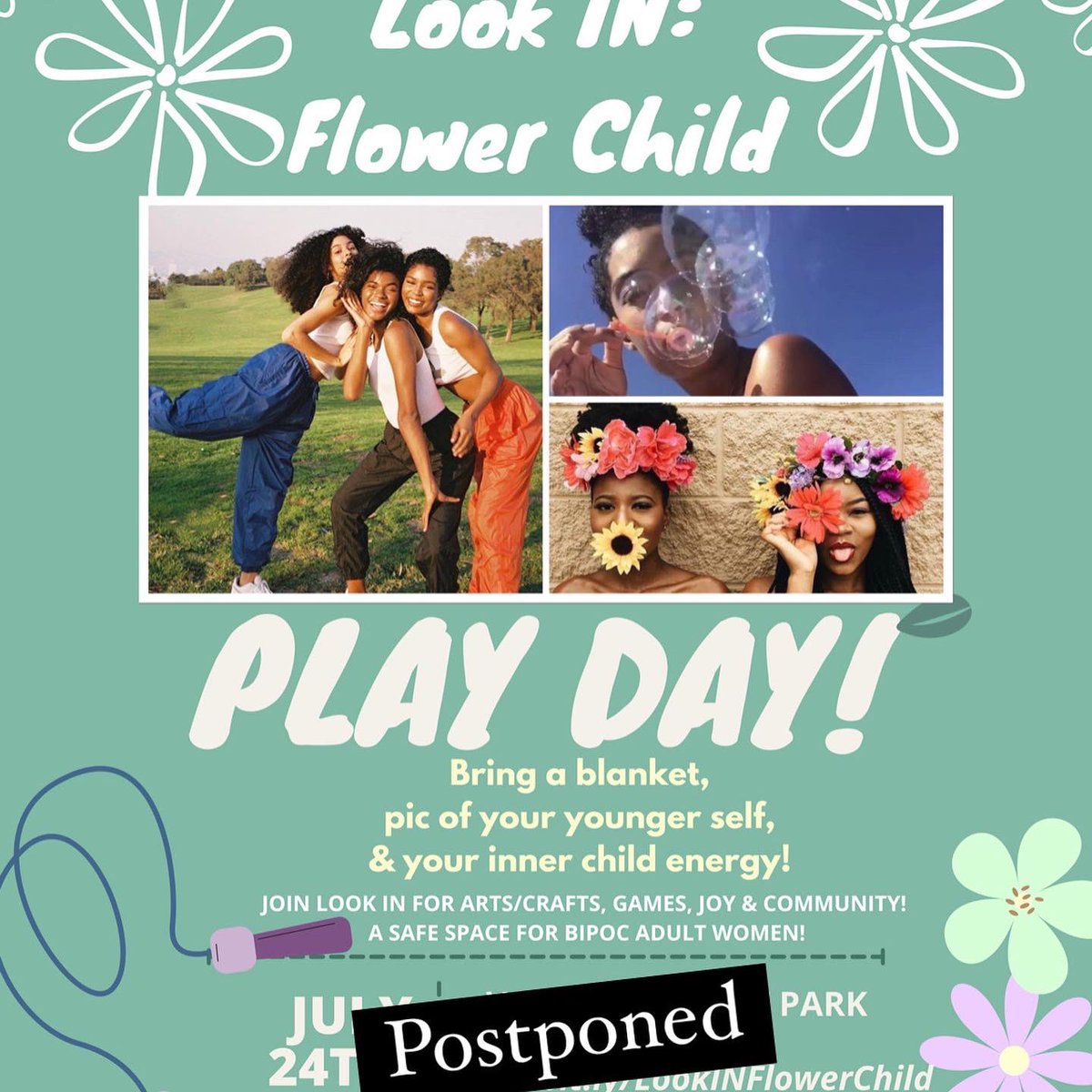 look_in_'s tweet photo. Due to the severe heatwave we’ve decided to postpone our NYC 7/24 Flower Child play day event! Please stay tuned for reschedule date asap! 🌻🫶🏾 https://t.co/gRClrRUfJA