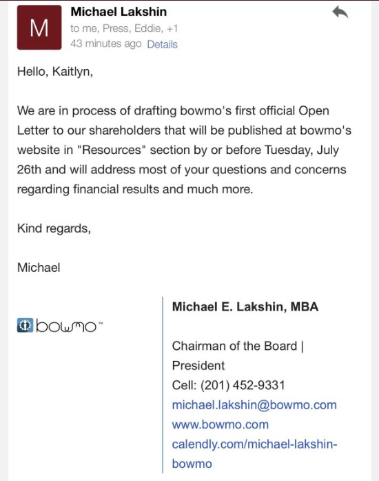 WolfOfOTC's tweet photo. An official "Open Letter to shareholders will be published at Bowmo's website in "Resources" by or before Tuesday, 07/26/22 and will address most of your questions and concerns regarding financial results and much more." $CZNI https://t.co/f2563PYsdx