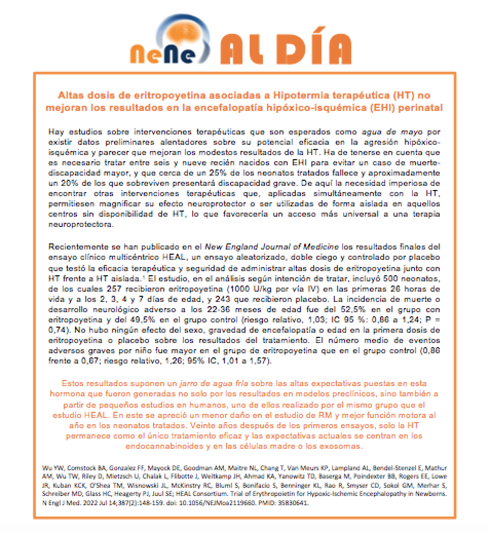 NeneFundacion's tweet photo. 🟠 #NeNeAlDía
Altas dosis de eritropoyetina asociadas a Hipotermia terapéutica (HT) no mejoran los resultados en la encefalopatía hipóxico-isquémica (EHI) perinatal. Este estudio ha sido publicado en @NEJM y os traemos las principales conclusiones
#Neurología #Neonatología https://t.co/Wom97dW0Am