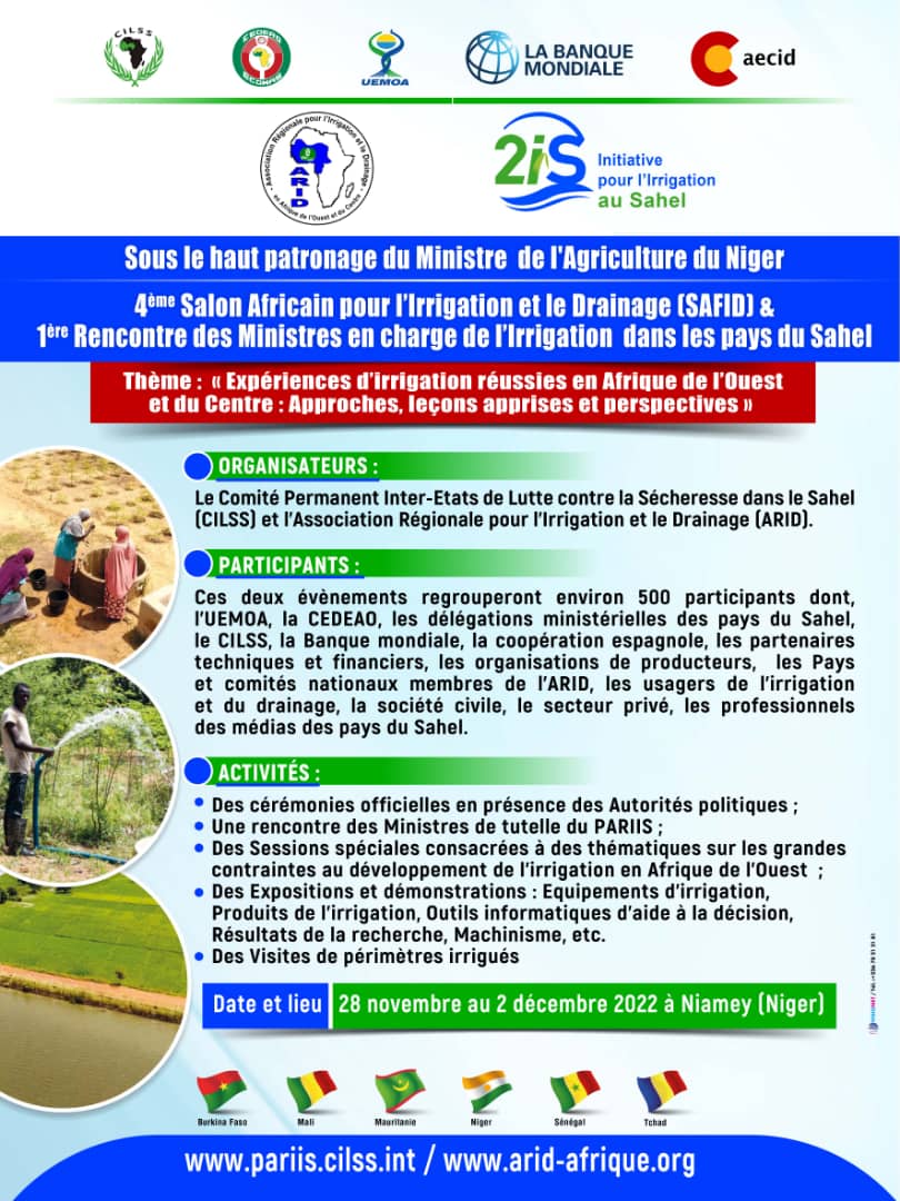 AgrhymetInfos's tweet photo. 📣SAVE THE DATE - 4ème Salon Africain pour l’Irrigation et le Drainage (#SAFID) &amp; 1ère Rencontre des Ministres en charge de l’Irrigation dans les pays du #Sahel
🗓Date et lieu : 28 novembre au 2 décembre 2022  
📍Niamey (Niger) 
En savoir plus👉https://t.co/ohuZvNiEjb https://t.co/ZA5PytfFZE