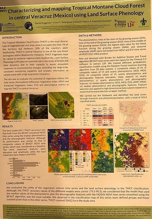 Aquí tenéis el póster presentado para el congreso COSPAR2022 sobre el uso de la Fenología de la Superficie Terrestre para la caracterización y cartografía del Bosque Mesófilo de Montaña en el centro de Veracruz, México. 
@ebdonana @LAST_EBD @teledetect @ComunicacionUV