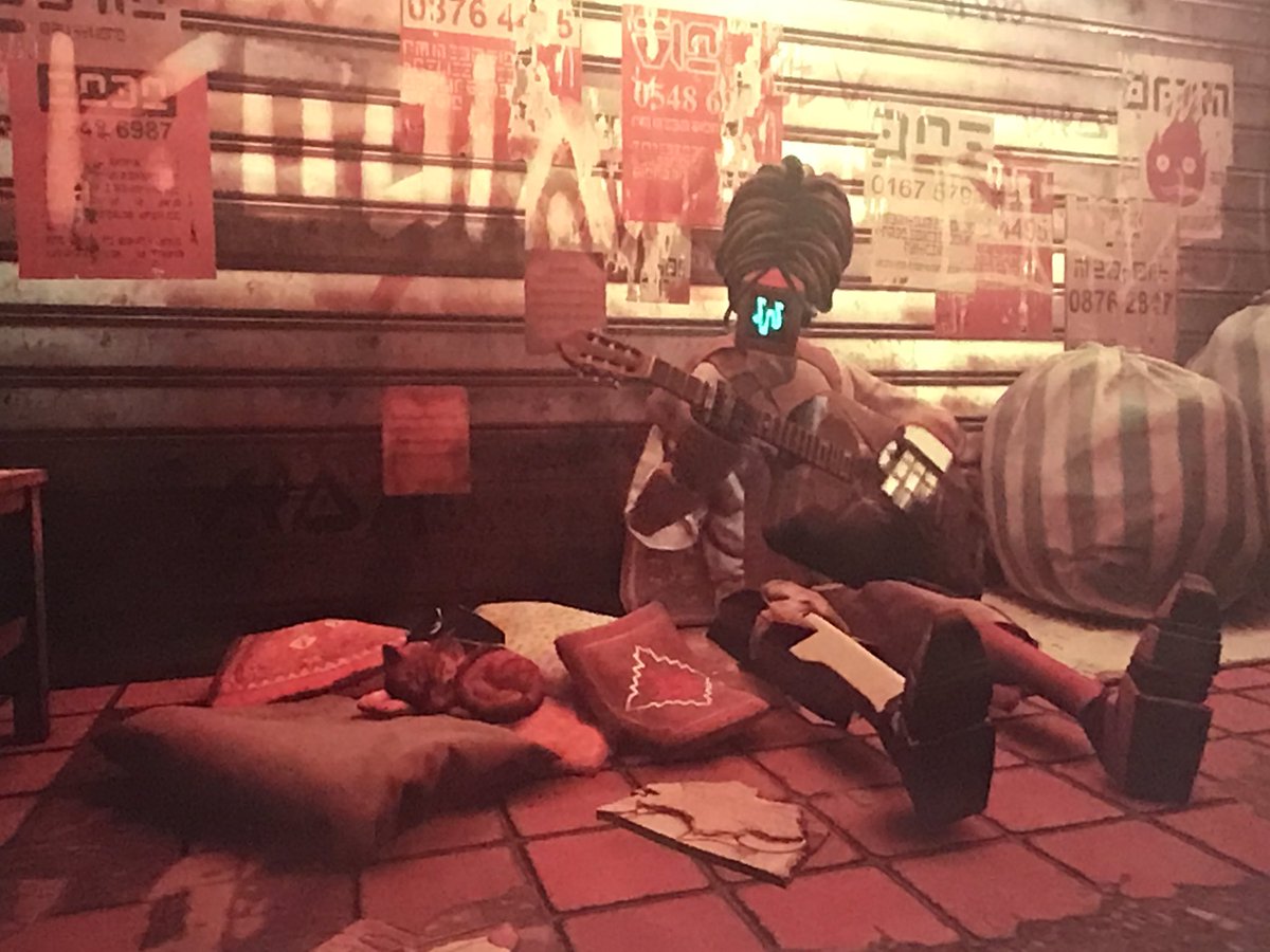 shannahconnell's tweet photo. Sometimes it's nice to just be a little cat on a cushion listening to a robot play guitar #straygame #straycat #Stray https://t.co/FRYsg1oG9I