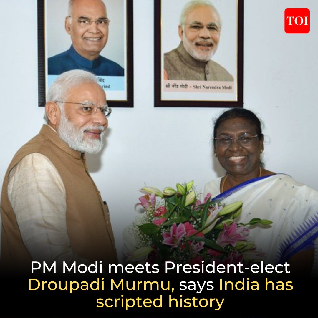 timesofindia's tweet photo. Prime Minister @narendramodi on Thursday visited the residence of President-elect #DroupadiMurmu to congratulate her as she took an unbeatable lead over opposition nominee #YashwantSinha.

Read: https://t.co/qYdvY6FFS4 https://t.co/NwGKZOV5ck