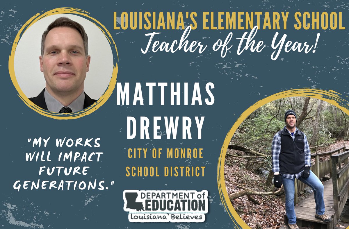 ๐๐ก๐๐๐๐๐ฃ ๐๐๐ก๐๐ฃ (@spencerkiper) on Twitter photo Everyone, meet our 2023 Louisiana Elementary Teacher of the Year Matthias Drewry. Weโre so lucky to have <a href="/MatthiasDrewry/">Matthias Drewry</a> in North LA doing incredible work with kids. Congratulations, sir! Canโt wait to celebrate you and others at the gala! @La_Believes <a href="/DreamTeachersLA/">Dream Teachers</a> #LASTOY Everyone, meet our 2023 Louisiana Elementary Teacher of the Year Matthias Drewry. Weโre so lucky to have <a href="/MatthiasDrewry/">Matthias Drewry</a> in North LA doing incredible work with kids. Congratulations, sir! Canโt wait to celebrate you and others at the gala! @La_Believes <a href="/DreamTeachersLA/">Dream Teachers</a> #LASTOY