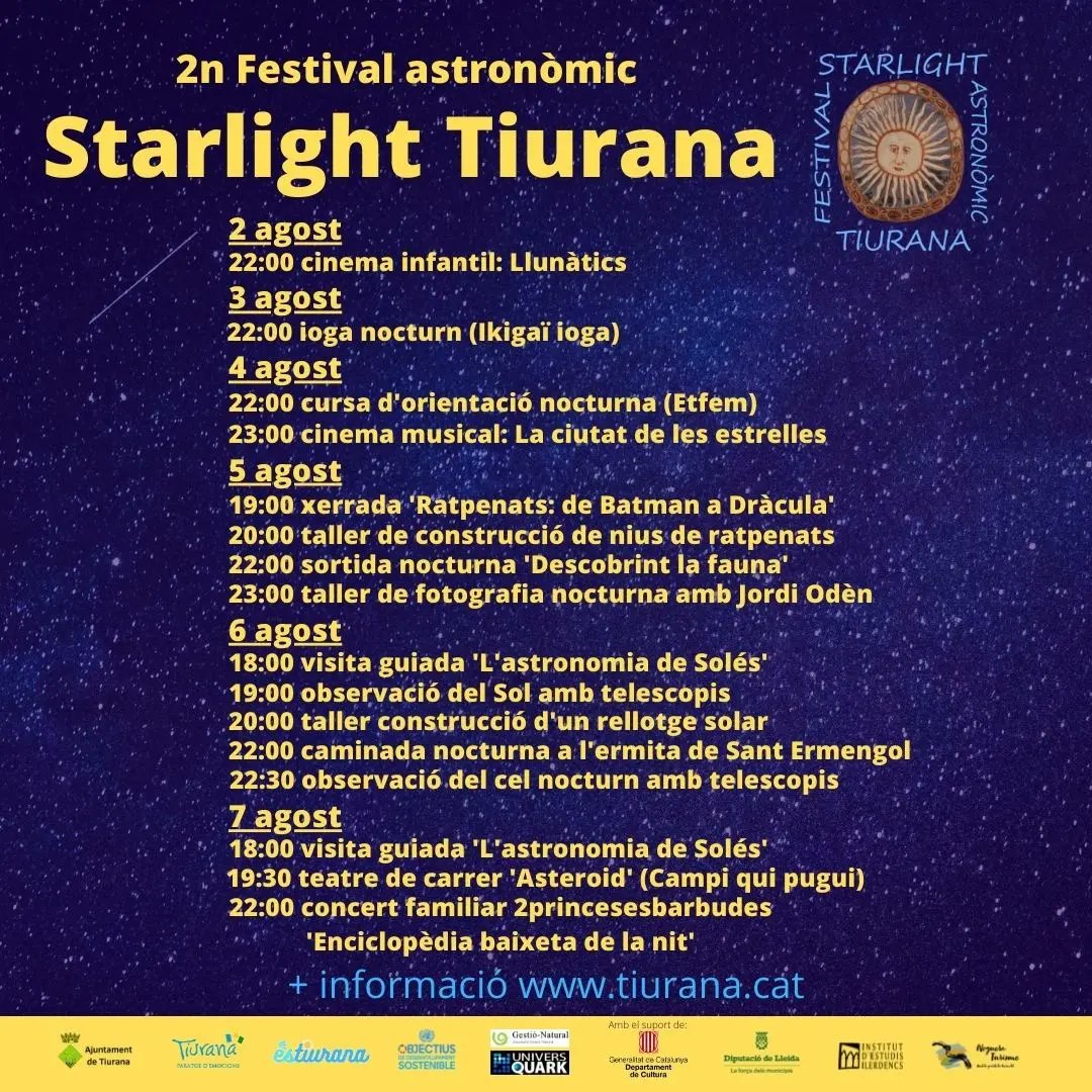 AjTiurana's tweet photo. Ja tenim cartell i programa del #festival #astronomic #Starlight #Tiurana
+ info https://t.co/rDoT5JU0uE
Us hi esperem!

@cultura_cat @DiputacioLleida @aralleida @IEILleida @Noguera_TV @RadioBalaguer @BalaguerTV @TurismeBalaguer @SEGREcom @LaManyanacat #astrologia #astronomia https://t.co/kbQg75vmya