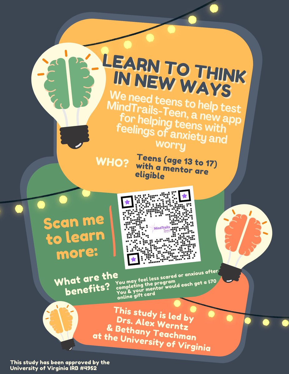 The University of Virginia research team is looking for teens to help us test a new app! The app is designed to help teens learn to think in new ways about situations that may make them worried or anxious. 

➡️ Learn more at ajw3x5.wixsite.com/mindtrailsbbbs…