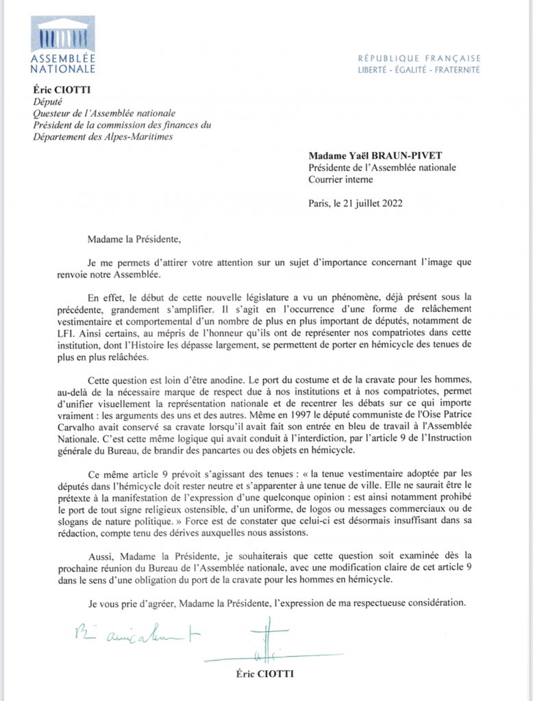 eciotti's tweet image. Je demande à la Présidente de l’Assemblée nationale, l’obligation du port de la cravate au sein de l’hémicycle du Palais Bourbon pour empêcher que certains députés notamment de la France Insoumise se permettent de porter des tenues de plus en plus relâchées.