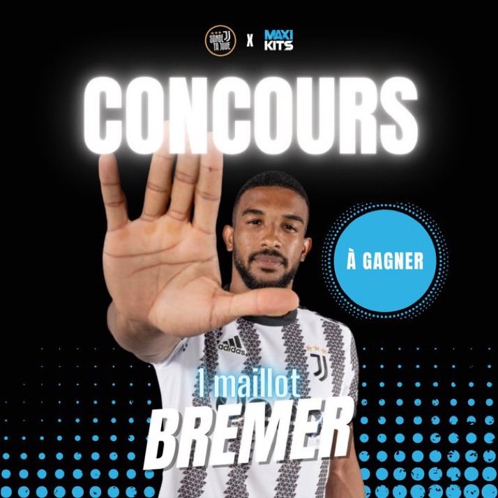 🎁 CONCOURS 🎁

- Tente de gagner le maillot domicile ⚪️⚫️ OU le tout nouveau extérieur ⚫️ 2022-2023 de la #Juventus, floqué #Bremer 3️⃣ ! 🔒

🔥 Conditions pour participer :

- #RT 🔁 &amp; #LIKE ❤️ ce tweet
- Follow <a href="/SondeTaJuve/">Sonde Ta Juve</a> et <a href="/maxiikits/">Maxi Kits</a>
 
🍀 Tirage au sort vendredi 29/07 👌🏽