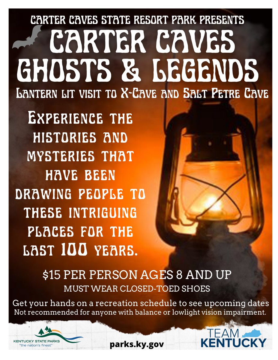 Looking for something bone chilling to do on a Thursday evening?
Next Tour is 7-21-22 at 6:30pm
*Limited spots available, subject to change without notice. Must be 8 years or older. Ticket sales end at 6pm

 #kystateparks #cartercavesstatepark  #bestkeptsecret #ghostsandlegends
