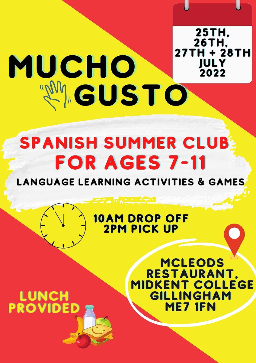 MUCHO GUSTO- book before tomorrow at midday!
In collaboration with MedwayGo, Mucho Gusto is a 4-day summer club full of language-learning activities and games aiming to engage young people with Spanish.

This session is for MedwayGo eligible children only.
medwaycouncil.coordinate.cloud/project/32518