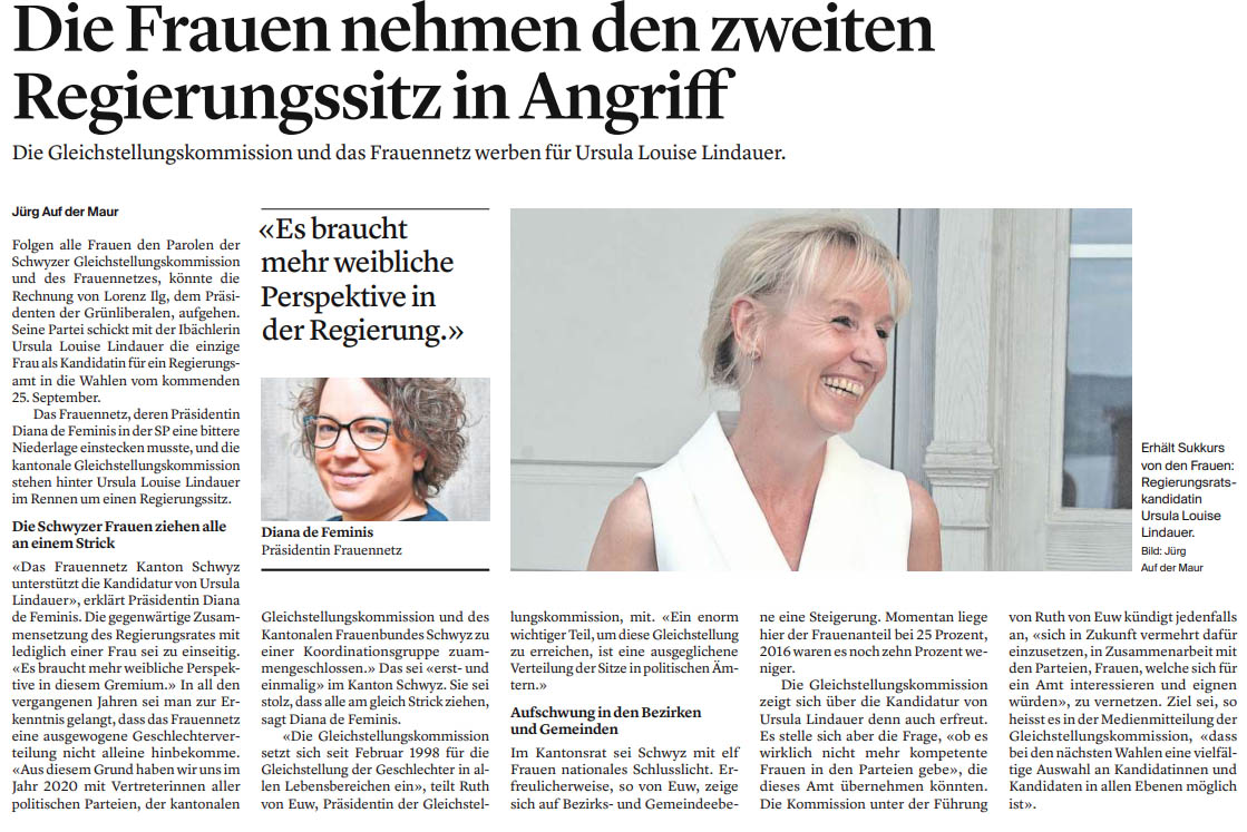 «Es braucht mehr weibliche Perspektive in der Regierung.» Die Gleichstellungskommission und das Frauennetz werben für Ursula Louise Lindauer.

#esistzeit #rrwahlen2022 #zukunft #mehrfraueninderpolitik #frauenpower #schwyz #regierungsrat #kandidatin #glpsz #grünliberale
