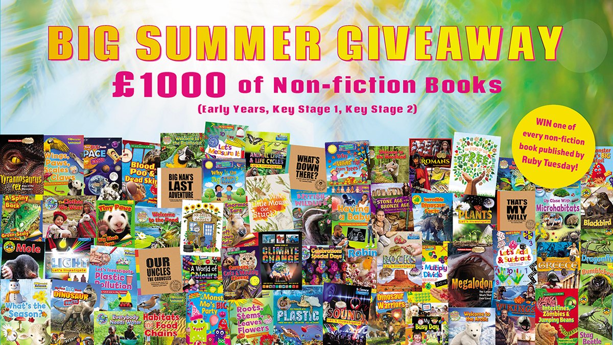RubyTuesdayBks's tweet photo. ☀️  The BIG SUMMER GIVEAWAY is here!!! ☀️ 

We know that schools need books, so this summer, one lucky school will win one of every book Ruby Tuesday has published + there are 10 runner-up prizes!  
To enter:
• Follow, Retweet &amp;  fill in the entry form: https://t.co/0wXpVUOIOC https://t.co/dWzxib3dmZ