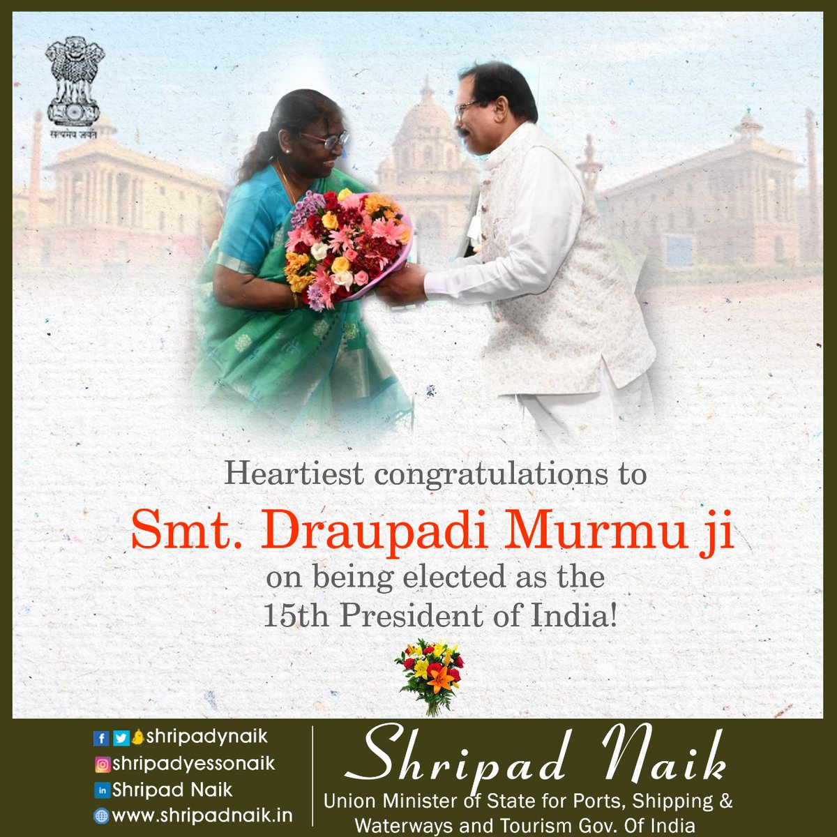 shripadynaik's tweet photo. Heartiest congratulations to Smt. Draupadi Murmu ji on being elected as the 15th President of India!

#PresidentofIndia #President #PresidentialElections2022 https://t.co/0Vt0zTHtrI