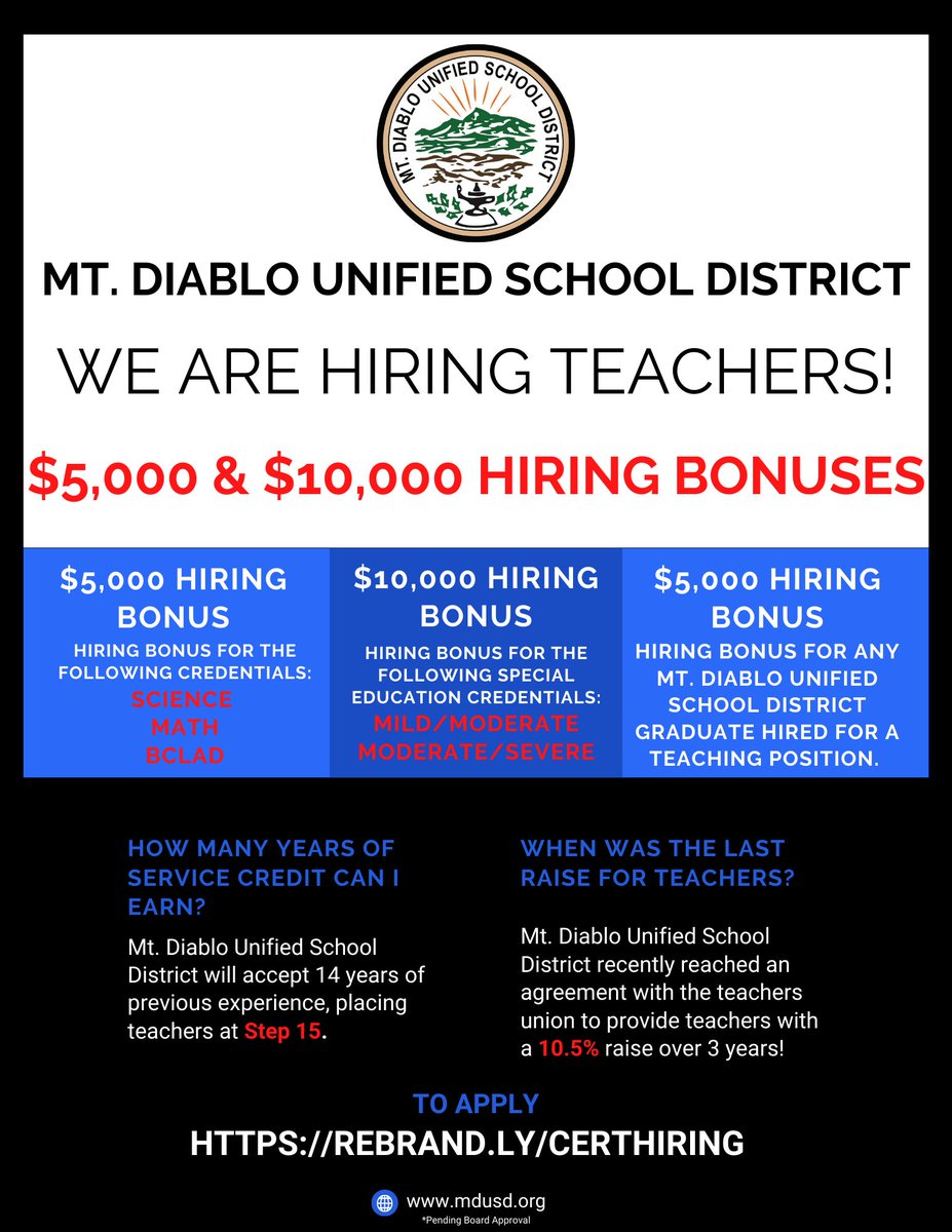 MtDiabloUSD's tweet photo. #MDUSD Teacher Hiring Fair 5-8 pm TODAY, 7/21, offering $5K bonuses to #MDUSD grads & teachers with #science, #math or #BCLAD credentials; hiring bonuses of $10,000 to #SpecialEducation teachers with mild/moderate or moderate/severe credentials: https://t.co/W6mDM0wdl5 @WeAreCTA https://t.co/rnqTv9QOr6