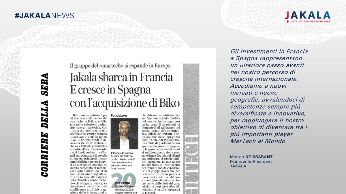 ¡Crece la familia #JAKALA y el #Talento en Europa!
<a href="/Corriere/">Corriere della Sera</a> se hace eco de cómo JAKALA sigue reforzando su camino de internacionalización entrando por primera vez en el mercado francés y consolidando el crecimiento en España con <a href="/biko2/">Biko</a> 

#Jakala #DataDriven #UnlockYourPotencial