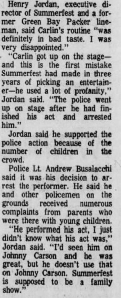 ditzkoff's tweet image. Today is also the 50th anniversary of George Carlin's arrest in Milwaukee for performing "Seven Words You Can Never Say on Television" at Summerfest.  

Here's how the Associated Press reported it the next day: