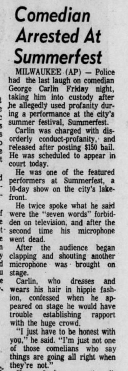 ditzkoff's tweet image. Today is also the 50th anniversary of George Carlin's arrest in Milwaukee for performing "Seven Words You Can Never Say on Television" at Summerfest.  

Here's how the Associated Press reported it the next day: