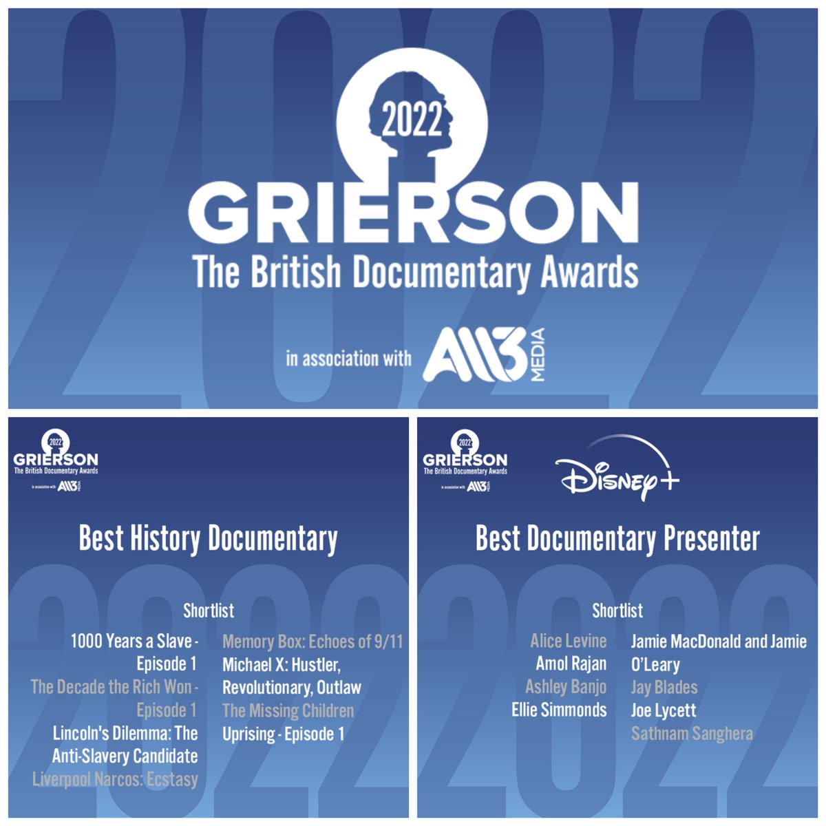 We're delighted to be shortlisted, #GriersonAwards    Congrats to those involved:
1000 Years a Slave for Best History Documentary

and 

Ashley Banjo: Britain in Black &amp; White for Best Documentary Presenter

Fingers crossed to be nominated in September!
bit.ly/3AXoPpp