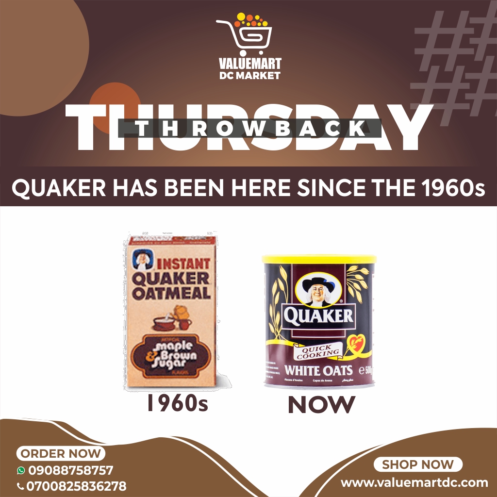 valuemartdc's tweet photo. Quaker has been here for ages and the quality remains.
You can get Quaker Oat and other quality oats from Valuemart Discount City.

https://t.co/t60VGbYmvE

#ValueMart #ibecorrectshoppa #throwback #ThrowbackThursday #QuakerOats https://t.co/HeXKnQh4zD