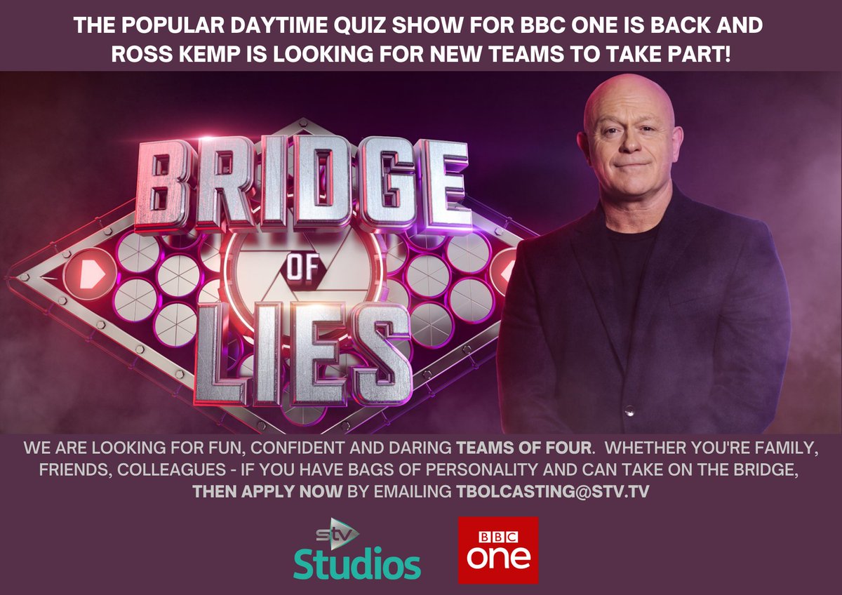 <a href="/TV_Casting_Hub/">TV Casting Hub</a> pls RT?

BBC1's Bridge of Lies is back and Ross Kemp is looking for fun teams of four to apply! 

📧TBOLCasting@stv.tv for an application form

#QuizShow #GameShow #BridgeofLies #BeOnTV