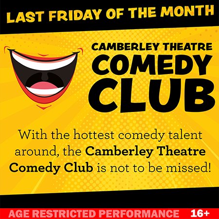 Tickets are available for the remaining Camberley Comedy Club nights this year, starting at 8pm:
Friday 30 September, 
Friday 28 October,
Friday 25 November 

With the hottest comedy talent around, the Camberley Theatre Comedy Club is not to be missed!

camberleytheatre.co.uk/events/camberl…