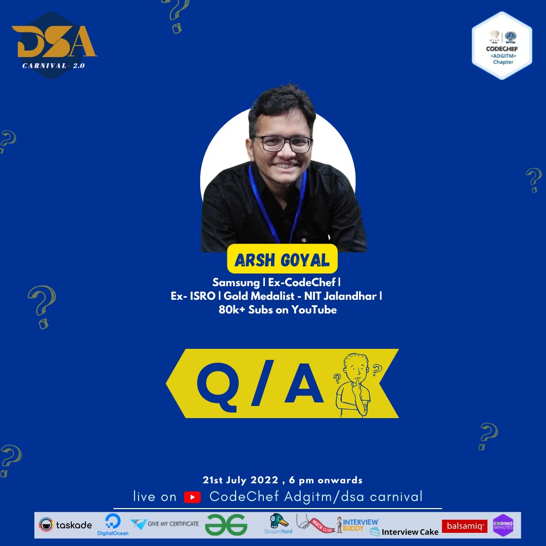 CodeChefIIEST's tweet photo. My dear fellow Coders,
How can we define a perfect learning without any doubts we had?!🤔
So, Bringing to you Q/A session with ARSH GOYAL 🤠
Well if you don't know Arsh, you are probably living under a rock👀.

(1/3) https://t.co/vk3FRtSuuu