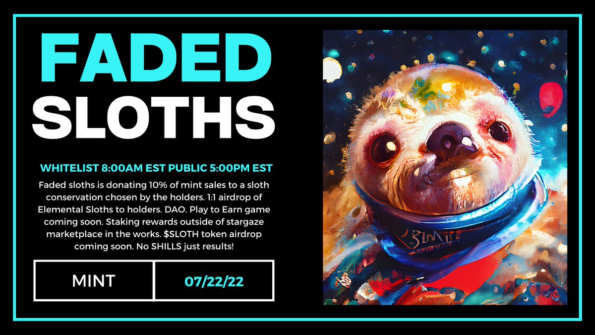 24 hours from now mint starts on <a href="/StargazeZone/">Stargaze ✨🔭</a>! 
We've officially pre-minted the 12 Faded Sloths for giveaways and special contest! 

Discord to stay updated: discord.gg/tYmfkYcP

Launchpad:
app.stargaze.zone/launchpad/star…