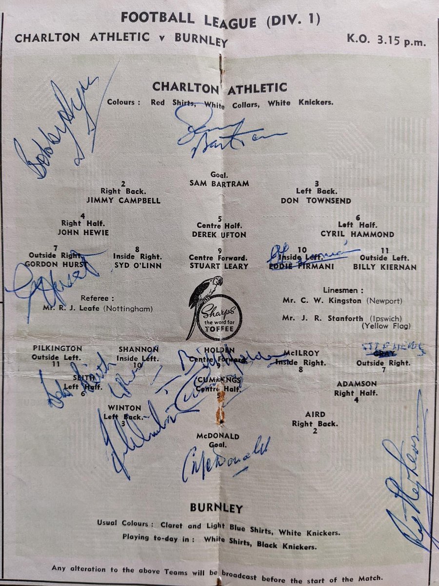 KeithLast5's tweet photo. Programme from #Charlton v #Burnley 1954 - unremarkable apart from the player signatures from both clubs in the middle, including the legendary Sam Bartram &amp; Eddie Firmani 
(from my collection)
#CAFC @CAFCofficial @CHATHMuseum #SamBartram #Football #Footballmemorabilia #London https://t.co/HYiWFdegHB