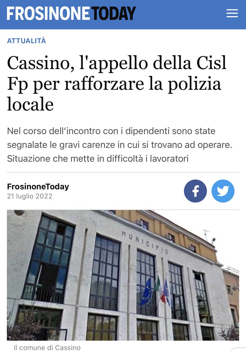 CislFpFrosinone's tweet photo. #Comune di #Cassino, l'appello della @CislFpFrosinone per rafforzare la #polizia #locale
Nel corso dell’incontro con i #dipendenti sono state #segnalate le gravi #carenze in cui si trovano ad #operare. Leggi articolo su #FrosinoneToday👉 https://t.co/LwjLFtXdtB https://t.co/x9DvlIuO2u
