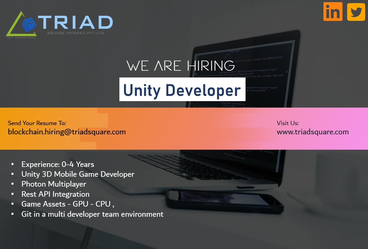 traidsquare1's tweet photo. Unity Developer is a great career choice by virtue of its wide radius of usage of game development cross platform engine with PC, gaming consoles, mobile devices and web browsers. 
#hiring #jobs #recruitment #jobsearch #job #nowhiring #recruitment #career #employment #careers https://t.co/MFVbOkolMP