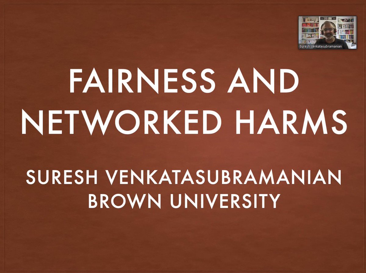 NetInCSH's tweet photo. Now @geomblog on "Fairness and Networked Harms"
#Biases in network formation, #NetworkStructure conveys social capital and may bias the distribution of resources, #Incarceration impacts individuals and their communities, Effects on #WellBeing
#NetSci2022 @NetSci2022 #NetIn2022 https://t.co/688FeylDDD