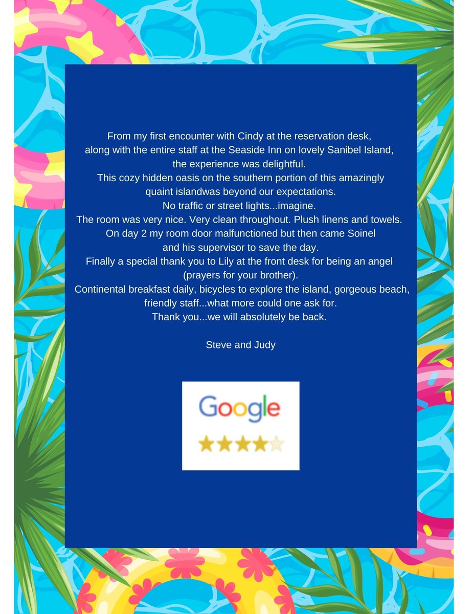 InnsOfSanibel's tweet photo. A glowing review of Seaside Inn!
Thanks Steve and Judy - we can't wait to have you back!
#innsofsanibel #sanibelisland https://t.co/pcZZ7oAcCD