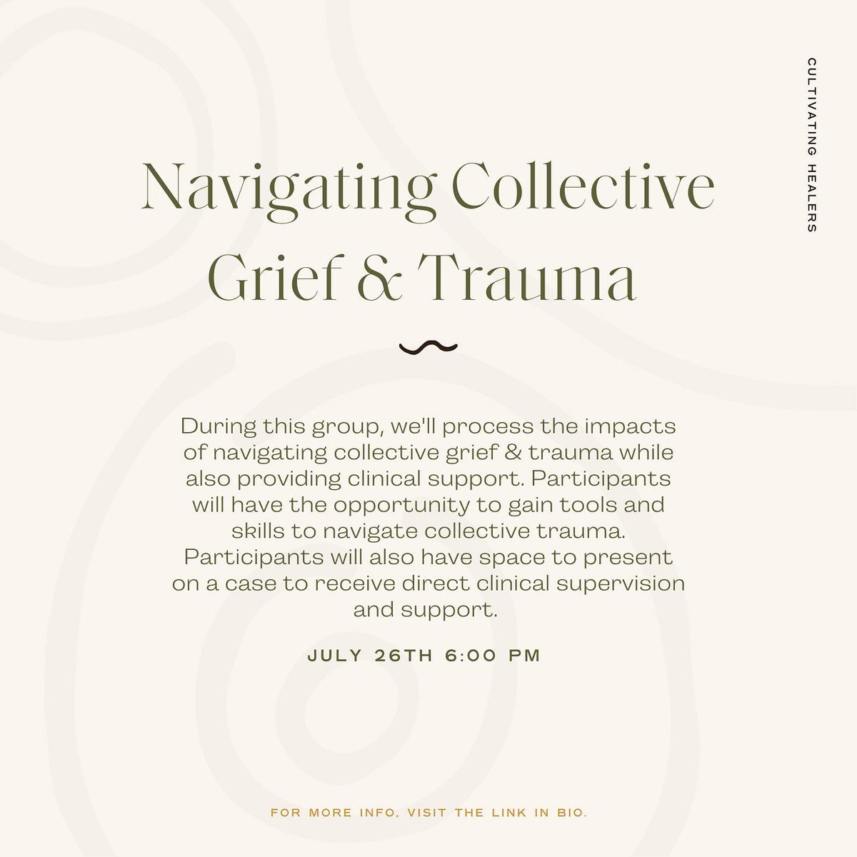 My friend <a href="/KenyaCrawford_/">Kenya Crawford, LMHC 🖤🏳️‍🌈 (she/they/name)</a> runs a monthly supervision group for BIPOC clinicians called Cultivating Healers.

The next group is coming up on July 26. Sliding scale available. Please share!