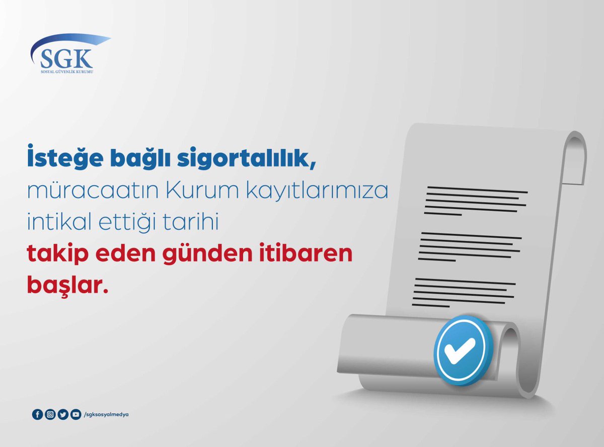 sgksosyalmedya's tweet photo. İsteğe bağlı sigortalılık, müracaatın Kurum kayıtlarımıza intikal ettiği tarihi takip eden günden itibaren başlar. https://t.co/pyMhtTJW32